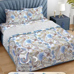 FABINALIV Blue & White Floral Printed Fine Reversible Double King Bedding Set-image-36