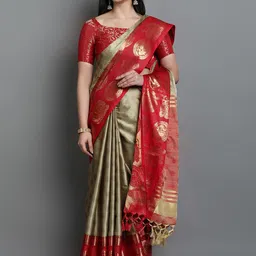KALINI Beige & Red Ethnic Motifs Zari Silk Cotton Saree-picture-3