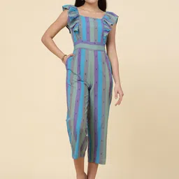 KALINI Blue & Purple Striped Square Neck Cotton Basic Jumpsuit-image-58