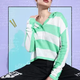 4WRD by Dressberry Women Striped Acrylic Hooded Pullover-image-19