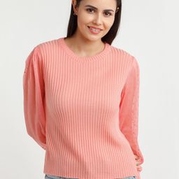 Zink London Women Coral Ribbed Acrylic Pullover Sweater-picture-46