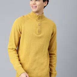 Woodland Men Yellow Mock Collar Long Sleeves Wool Pullover-image-21