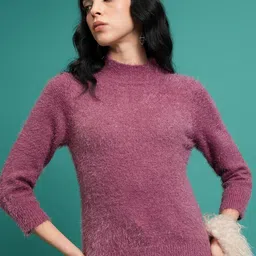 Tokyo Talkies Purple Mock Collar Acrylic Pullover-image-27