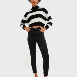 Bewakoof Women Black & White Striped Acrylic Crop Pullover Sweater-image-49