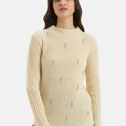 Kazo Open Knit Mock Collar Long Sleeves Embellished Pullover Sweater-11