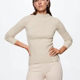 MANGO Women Beige Solid Ribbed Glitter Detail Sustainable Pullover-image-91