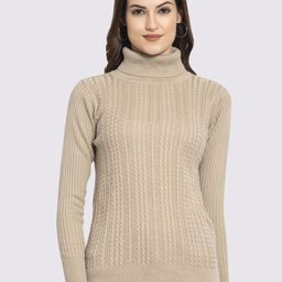 GODFREY Women Beige Cable Knit Turtle Neck Long Sleeves Acrylic Pullover Sweater-image-27
