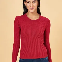 People Maroon Ribbed Pure Cotton Pullover-image-11