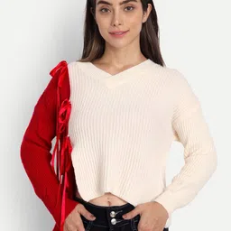 iki chic Women Red & Cream-Coloured Colourblocked Cotton Wool Cardigan-picture-16
