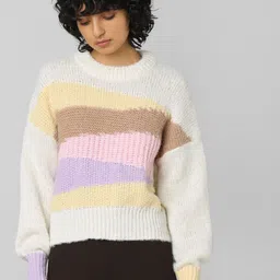 ONLY Women Beige & Off White Colourblocked Sweater-image-80