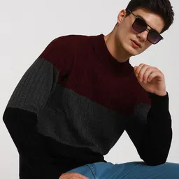 Dennis Lingo Colourblocked Turtle Neck Pure Acrylic Pullover-image-7
