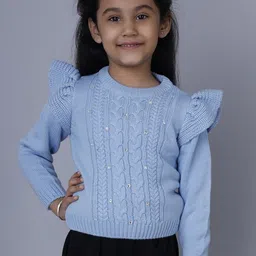 JoE Hazel Girls Cable Knit Self Design Embellished Detail Acrylic Pullover-image-97