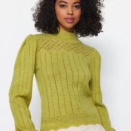 Trendyol Self Design Open Knit Mock Collar Pullover-picture-51