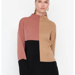 Trendyol Colourblocked High Neck Pure Acrylic Longline Pullover Sweaters-48