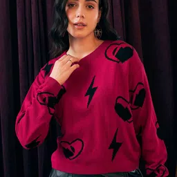 Berrylush Pink Graphic Printed Acrylic Pullover Sweater-image-30