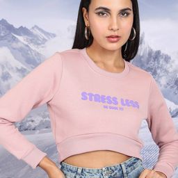 Tokyo Talkies Pink Typography Printed Long Sleeves Cropped Pullover-image-34