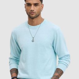 Snitch Blue Round Neck Cotton Casual Pullover Sweaters-image-22