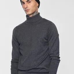 Snitch Men Charcoal Grey Plain Sweaters-picture-24