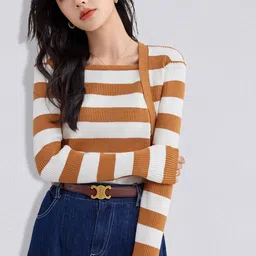 JC Collection Women Orange & White Striped Pullover-image-82