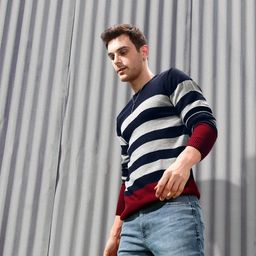 Roadster Men Navy Blue Striped Pullover-image-97