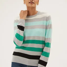 Marks & Spencer Women Green & Black Striped Pullover-image-65