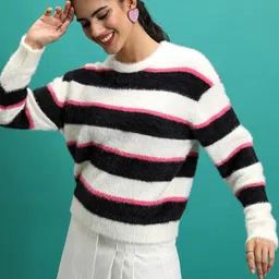 Tokyo Talkies Black Relaxed Fit Striped Fuzzy Acrylic Pullover-image-49