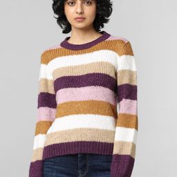 ONLY Women Brown & White Striped Pullover-4