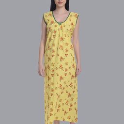 CIERGE Yellow Printed Pure Cotton Maxi Nightdress-image-0