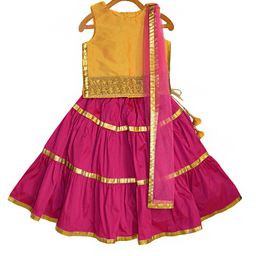 A T U N Girls Yellow & Fuchsia Embellished Ready to Wear Lehenga & Blouse With Dupatta-picture-4