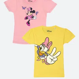 YK Disney Girls Pink & Yellow Pack Of 2 Printed Puff Sleeves Pure Cotton T-shirt-image-62