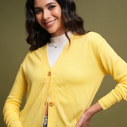 Tokyo Talkies Yellow Ribbed Acrylic Cardigan Sweater-image-87