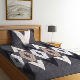 KLOTTHE Grey & White Geometric Printed 300 TC Fitted Single Bedsheet & Pillow Cover-24