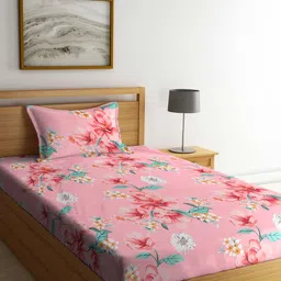 KLOTTHE Pink & Red Floral Printed 300 TC Single Bedsheet With Pillow Cover-image-56