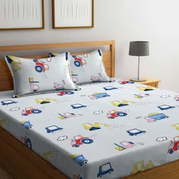 KLOTTHE Grey & Blue Printed 300TC Fitted Double King Bedsheet With 2 Pillow Covers-image-40