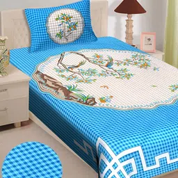 UNIBLISS Blue & White Floral Printed Cotton 144 TC Single Bedsheet With 1 Pillow Cover-19