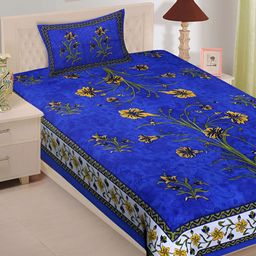 UNIBLISS Blue & Yellow Floral Printed Cotton 144 TC Single Bedsheet With 1 Pillow Cover-image-22