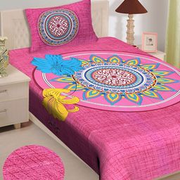 UNIBLISS Pink & Blue Floral Printed Cotton 144 TC Single Bedsheet With 1 Pillow Cover-image-32