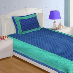 UNIBLISS Blue & Green Floral Printed 144 TC Single Bedsheet with 1 Pillow Covers-image-35