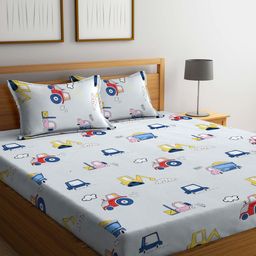 KLOTTHE White & Blue Printed 300 TC King Bedsheet With 2 Pillow Covers-image-67