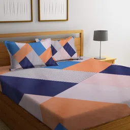 homewards Blue & Orange Geometric 200 TC Queen Bedsheet With 2 Pillow Covers-image-16