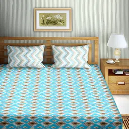Aura Teal & White Geometric Cotton 180 TC Queen Bedsheet with 2 Pillow Covers-image-56