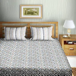 Aura Grey & Brown Geometric Cotton 180 TC Queen Bedsheet with 2 Pillow Covers-image-55