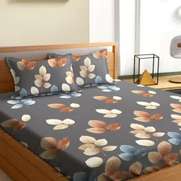 Aura Grey & Blue Floral 180 TC Queen Bedsheet With 2 Pillow Covers-image-36