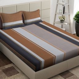 Arrabi Grey & Brown Striped 300 TC Double King Bedsheet With 2 Pillow Covers-49