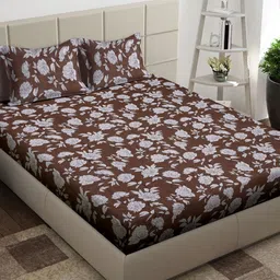 Arrabi Brown & White Floral 300 TC King Bedsheet with 2 Pillow Covers-picture-27