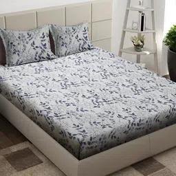 Arrabi Cream-Coloured & Blue Floral 300 TC King Bedsheet with 2 Pillow Covers-image-73