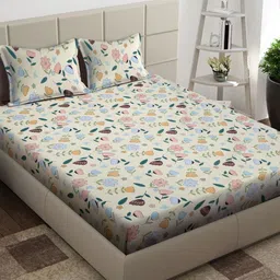 Arrabi Cream-Coloured & Pink Floral 300 TC King Bedsheet with 2 Pillow Covers-image-79