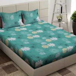 Arrabi Green & Yellow Floral 300 TC King Bedsheet with 2 Pillow Covers-image-96