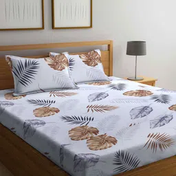 Arrabi White & Brown Floral Printed 300 TC King Size Bedsheet With 2 Pillow Covers-image-35
