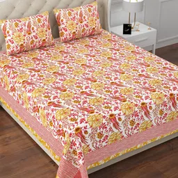 Aapno Rajasthan White & Pink Floral 120 TC Cotton King Bedsheet & 2 Pillow Covers-image-42